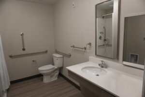 Accessible bathroom with a toilet, grab bars on walls, and a sink countertop with a large mirror above.