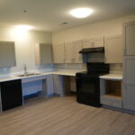 Modern L-shaped kitchen with gray cabinets, stainless steel sink, and black stove under a range hood; light wood floor.