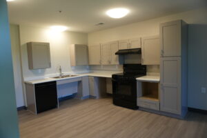 Modern L-shaped kitchen with gray cabinets, stainless steel sink, and black stove under a range hood; light wood floor.