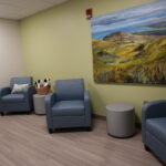 Blue upholstered chairs arranged in a small waiting area with round gray tables, a wicker basket of stuffed animals, and large landscape paintings on pale green walls.