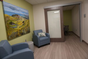 Waiting area with blue chairs, a large landscape painting on a green wall, and a glass-paneled wooden door mantle in a modern office.