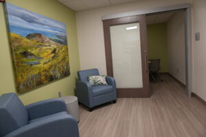 Cozy waiting area with blue upholstered chairs, a large landscape painting on a green wall, and a frosted glass door with a wooden frame.