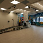 Rehabilitation gym with a harness system spanning overhead, parallel bars, and colorful mural walls along the window wall showing athletes and abstract art.
