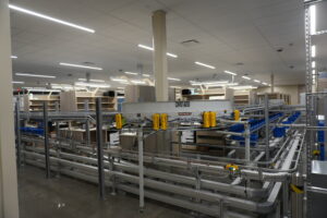 Automated conveyor system and metal framework in a large warehouse with blue bins and shelves in the background