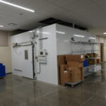 Industrial cold storage room with a white walk-in freezer and stacked boxes on the right.