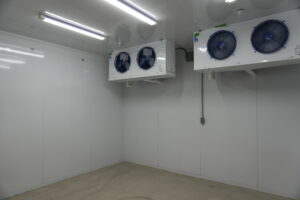 Corner of a clean white cold storage room with two wall-mounted refrigeration units featuring blue circular fans and overhead lights.